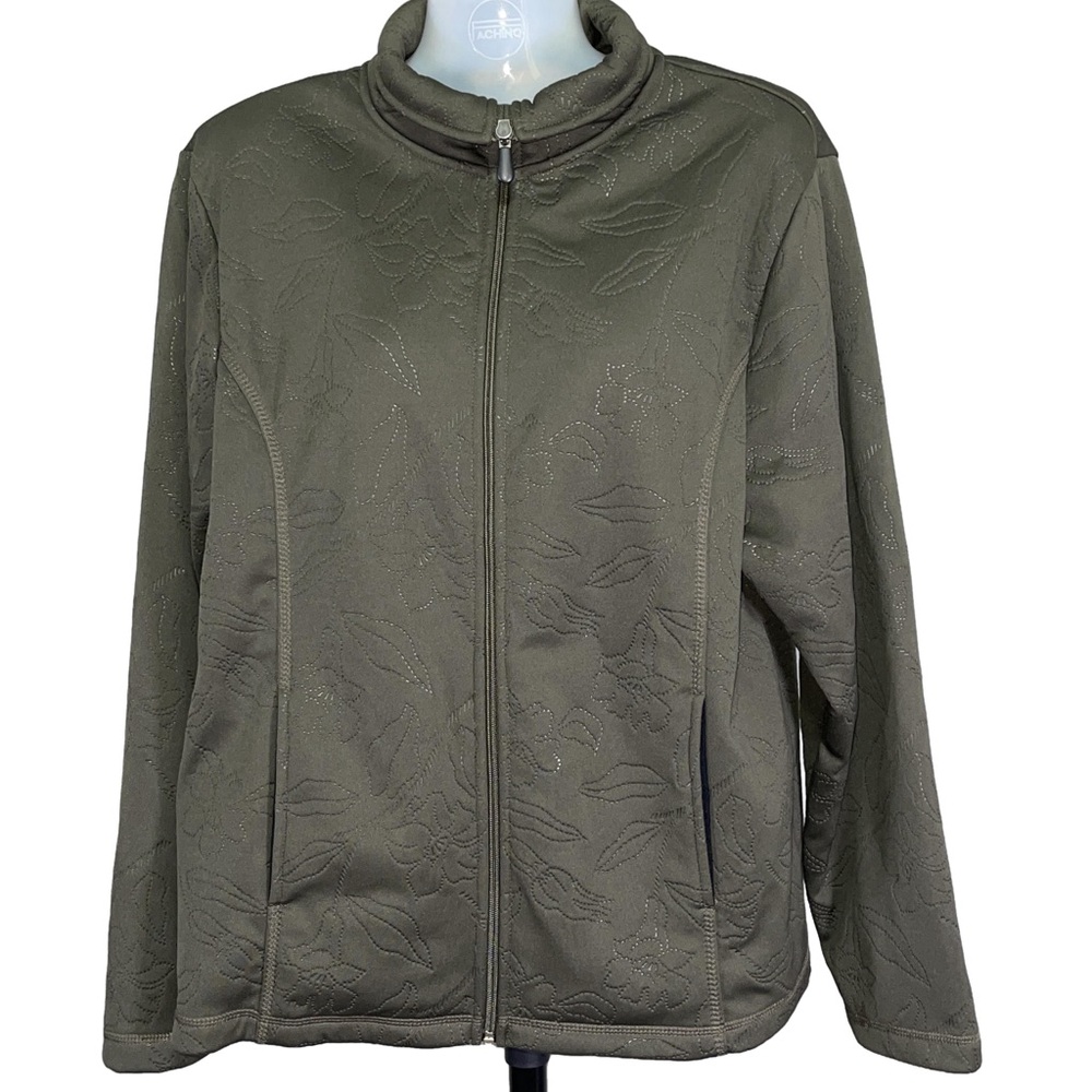 Nina Capri Olive Green Floral Textured Zip-Up Jacket large